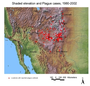 Shaded digital elevation map with recorded plague outbreaks from 1980 to 2002