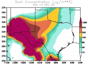 Figure 7: DREAM modeled dust concentration distribution for December 15, 2003 20:00 UTC