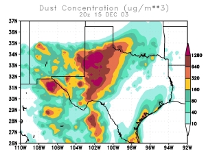 Figure 8: DREAM modeled dust concentration distribution for December 15, 2003 20:00 UTC after ingesting satellite observations