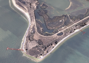 Feature-attributed LiDAR-derived shoreline and an orthophotograph draped over the LiDAR-derived DEM.